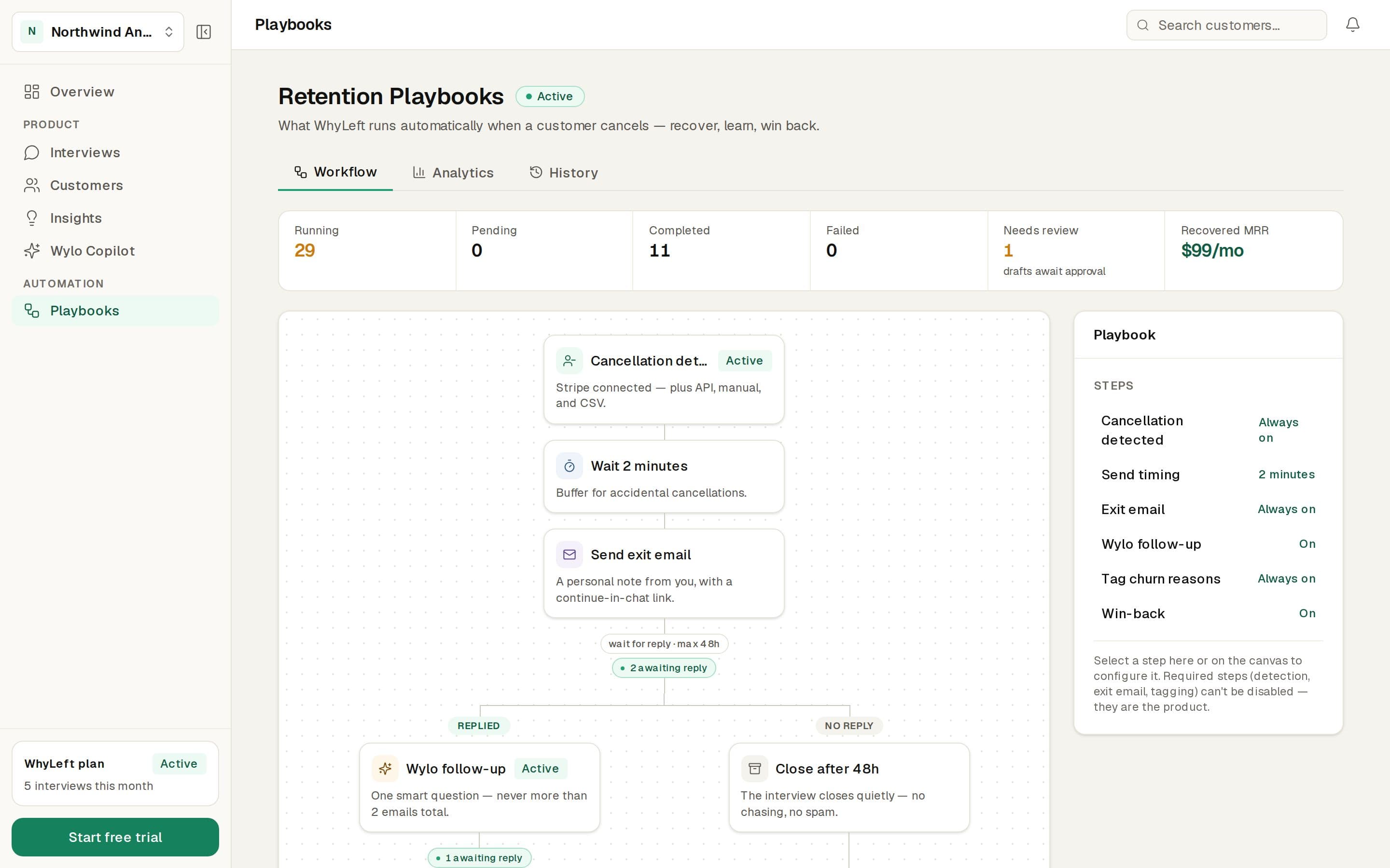 WhyLeft's a retention playbook, showing sample data